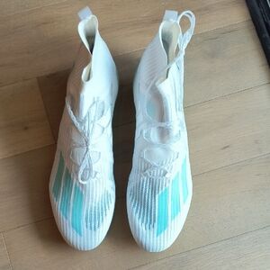 White and Teal High-Top Adidas Soccer Cleats Size 13